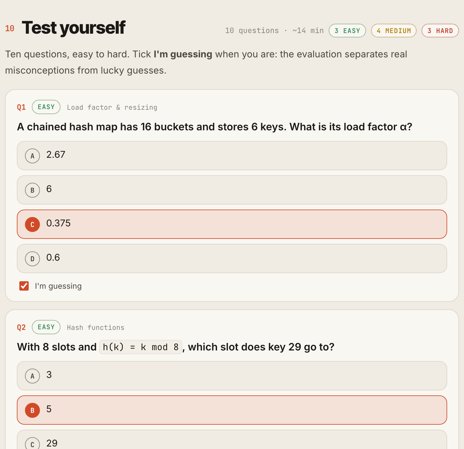 The Test yourself section at the end of the Hashing chapter, with the first questions.