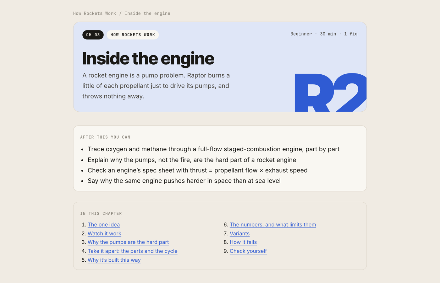 The Inside the engine chapter page: a blue hero card with the title, the outcomes and a numbered table of contents.